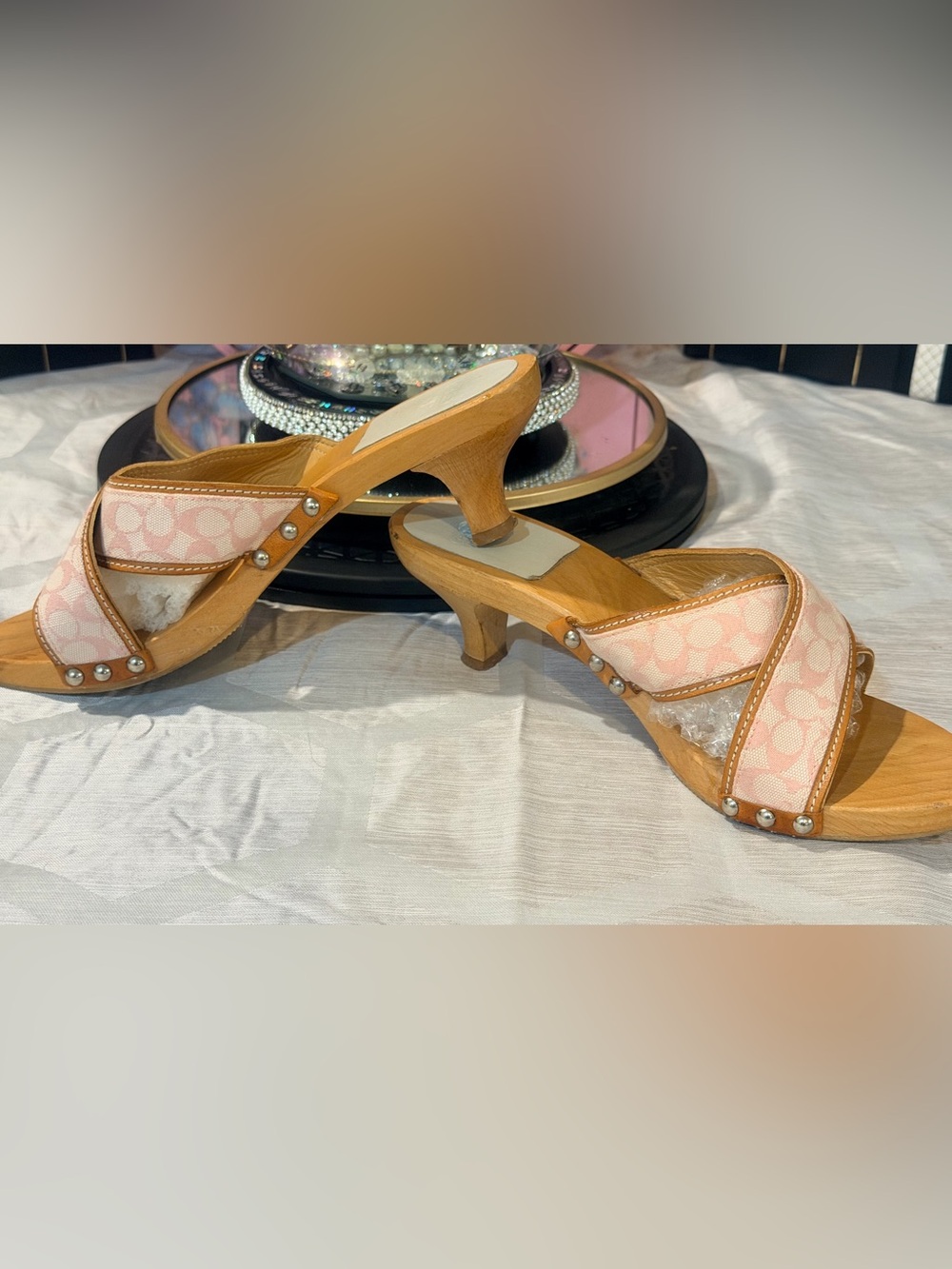 Coach Pink Wood Kitten Heel Slide Mules - Picture 3 of 8